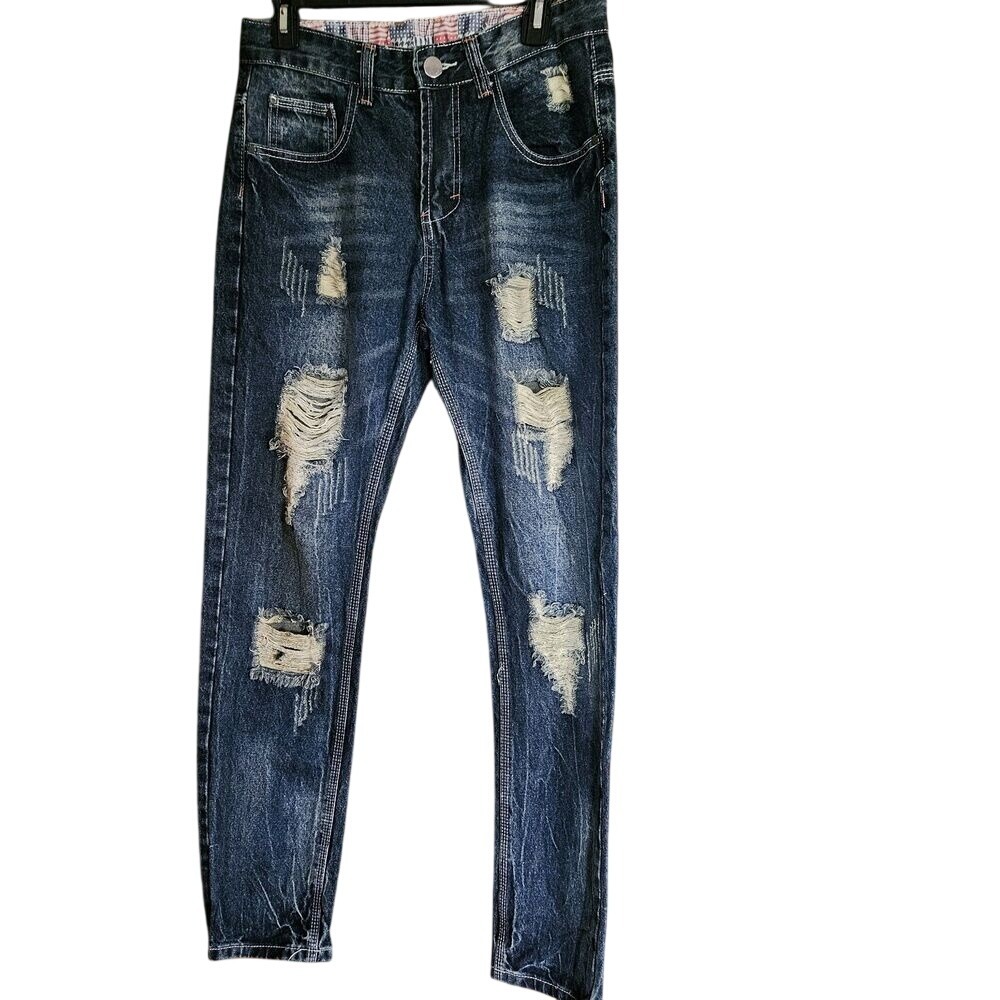 GB18401-2010 Distressed Blue/Tan Men's Jeans, Size 29/30 - Rugged Vintage Denim!